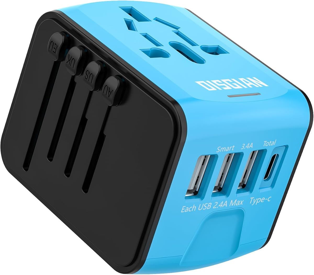 Travel Adapter, Universal International Power Adapter with 3USB Port and Type-C International Wall Charger Worldwide AC Power Plug for Multi-Nation Travel UK, EU Over 200 Countries (Blue)