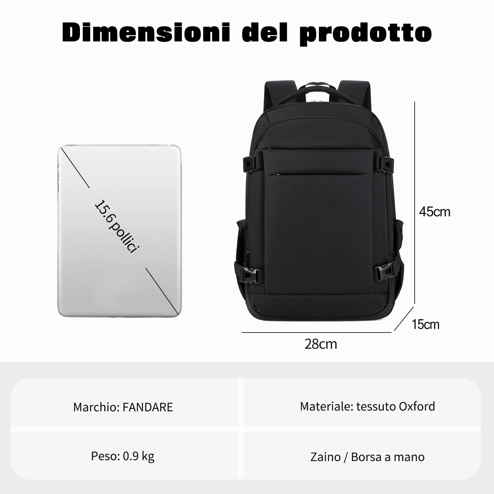 FANDARE Zaino Porta PC 16 Pollici Impermeabile Uomo Donna Nero A | spallacci imbottiti a nido d'ape, cinghia per valigia, scomparto laptop 16.5", tessuto Oxford antispruzzo, capienza multipla