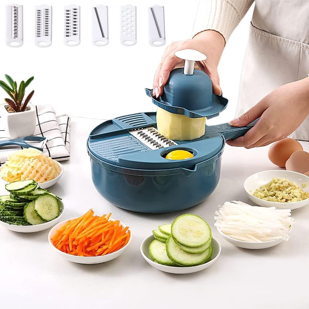 12 in 1 Leachable Vegetable Chopper with 7 Blades, Multifunctional Food Chopper Adjustable Thickness, Kitchen Vegetable Mandolines Slicer Dicer Cutter for Ginger, Potatoes, Carrots, etc