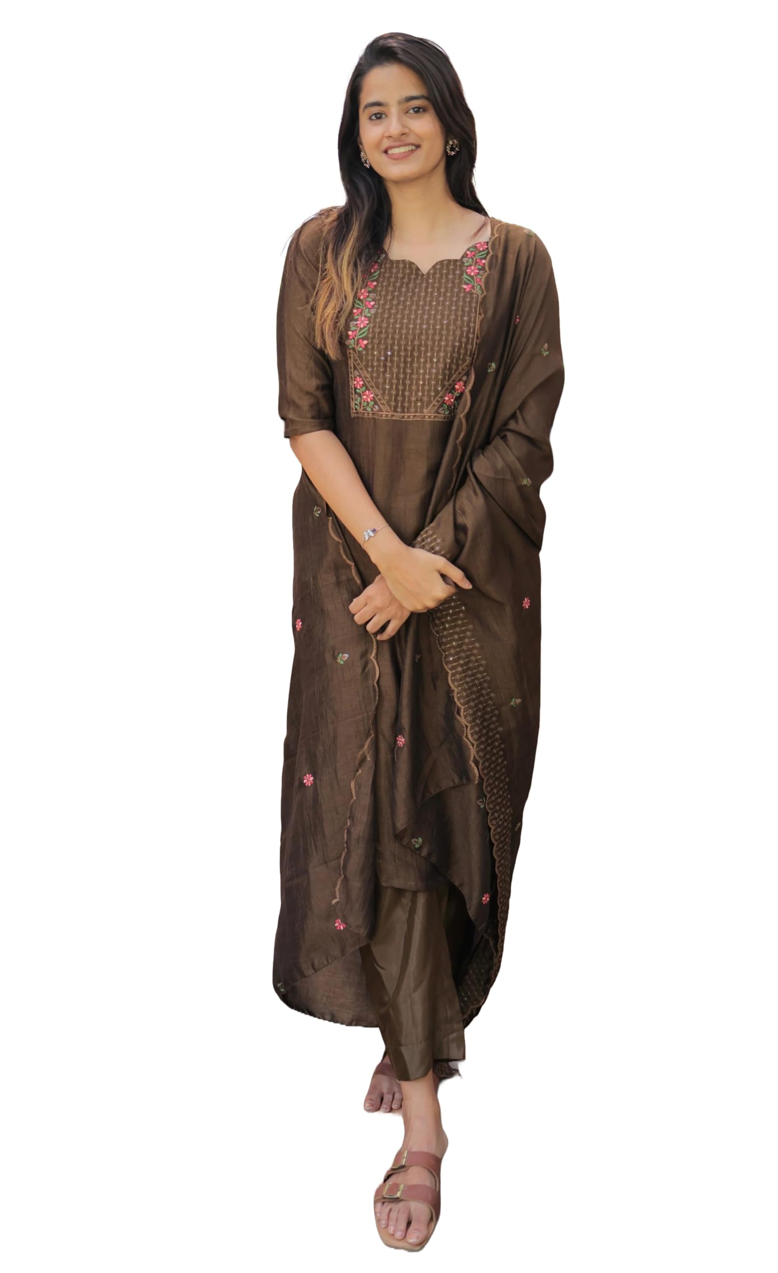 Women's Vertical Cotton Kurta With Bottom Set and Dupatta with Round Neck 3/4 Sleeves Straight Calf Length Kurta & Dupatta Set-image-0