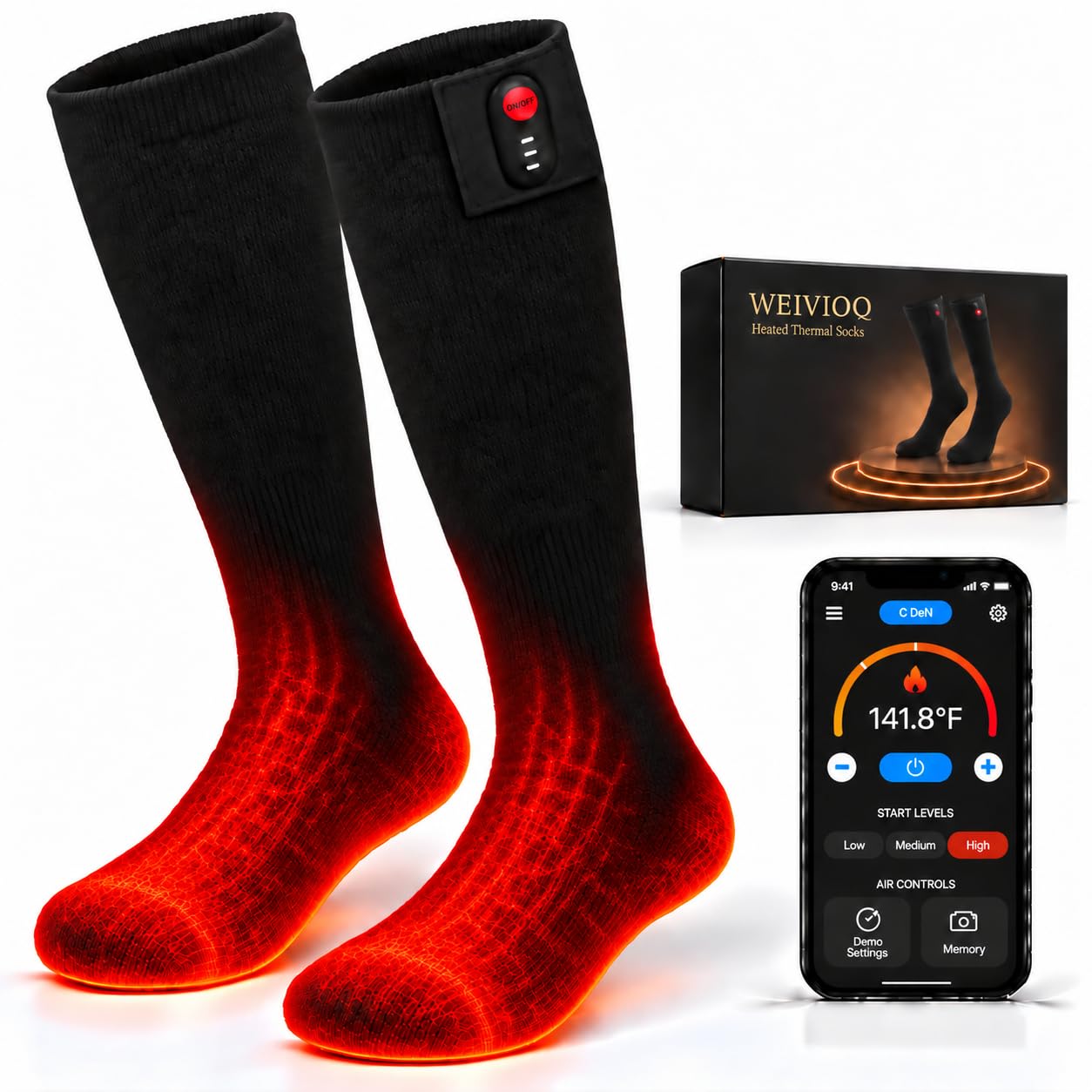 WEIVIOQ Calze riscaldanti per uomo e donna con controllo tramite app | Batterie ricaricabili da 7000 mAh, 3 livelli di calore, per sci, caccia, escursionismo e campeggio