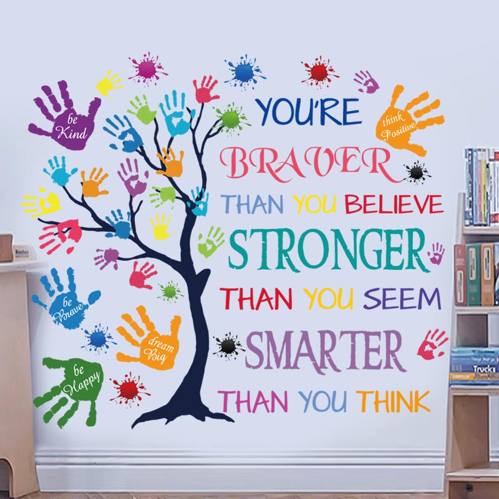 Colorida calcomanía de pared con cita inspiradora - You're Braver Than You Believe, Stronger Than You Seem, Smarter Than You Think, frases motivacionales, calcomanía de pared para habitación de niños,