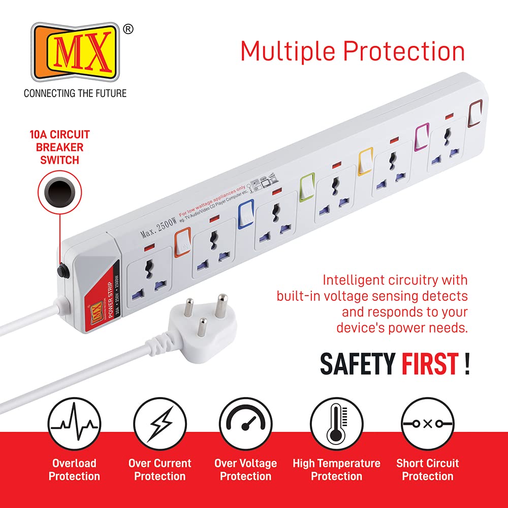 MX 6 Power Strip - 6 Sockets, Safety & Surge Protection -4