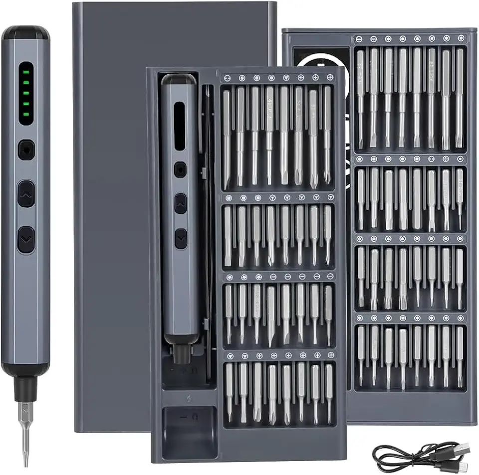 mini chaves de fenda elétrica – Chave de fenda elétrica 68 em 1 com pontas magnéticas – 64 pontas universais S2, 5 configurações de torque, 4 luzes LED – Kit de ferramentas para