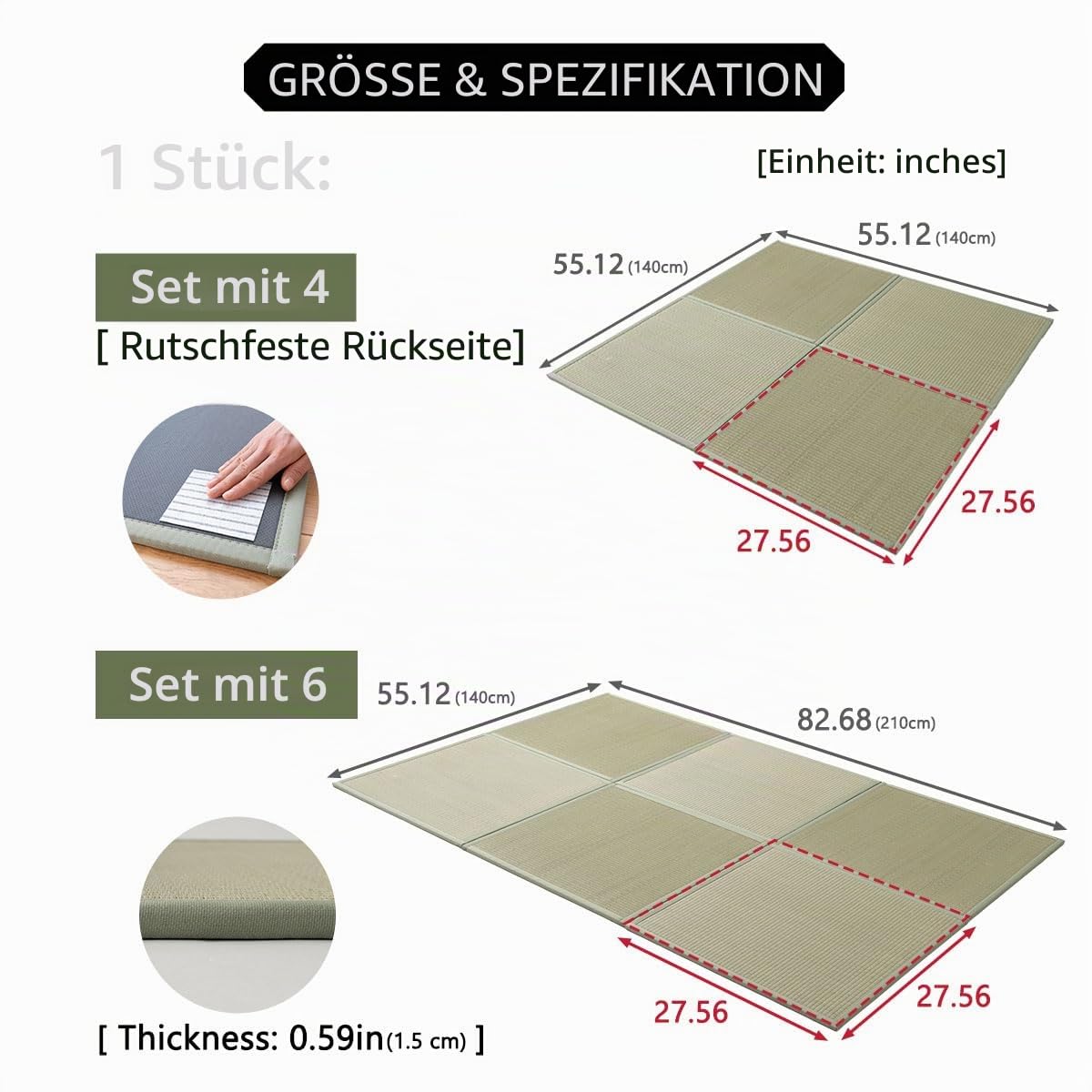 EMOOR Japanische Tatami-Matte 70 x 70cm 4er-Set Natur-Segergras (Ungefärbt), Faltbare Igusa-Matratze Bodenschlaf Japanische Futon-Matratze Meditation Yoga Zen