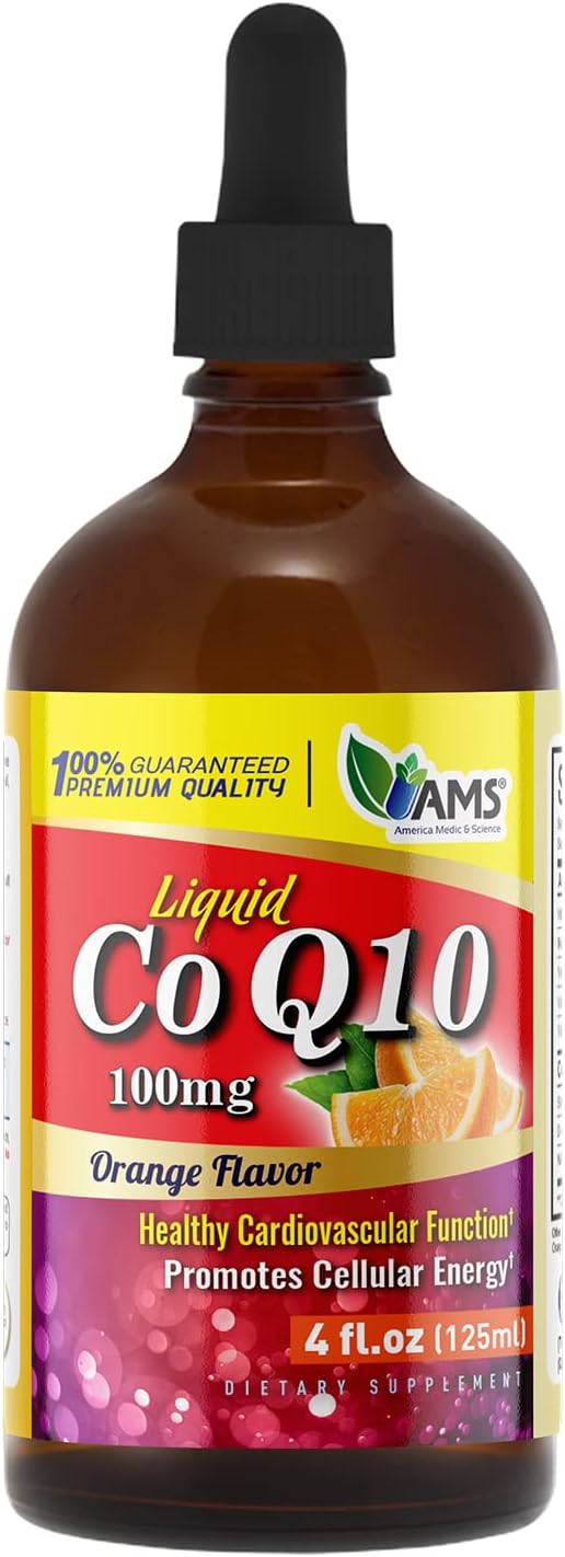 America Medic &amp; Science CoQ10 100mg 125 ml | Liquid Coenzyme Q10 | Dietary Supplement for Men and Women | with Vitamins E, B3, B6, B12, and B5 | Promotes Cellular Energy and Better Heart Health