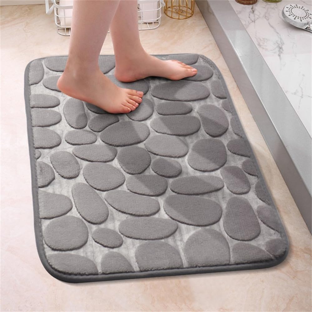 1PC Tappeto in ciottoli di velluto goffrato, assorbente d'acqua e antiscivolo, lavabile, in cotone memory, per bagni interni, grigio chiaro, 400MMx600MM