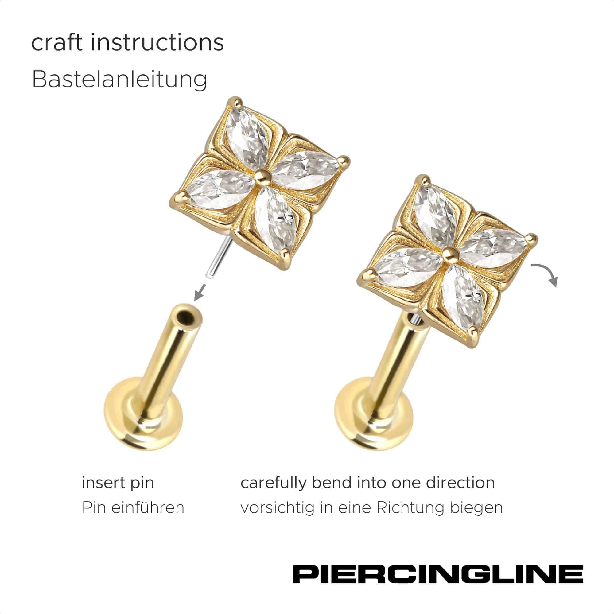 PIERCINGLINE Piercing Stecker 14 Gold Labret mit Push Fit MOISSANIT-BLUME 585er Gold - Roségoldfarben, Goldfarben, Silberfarben