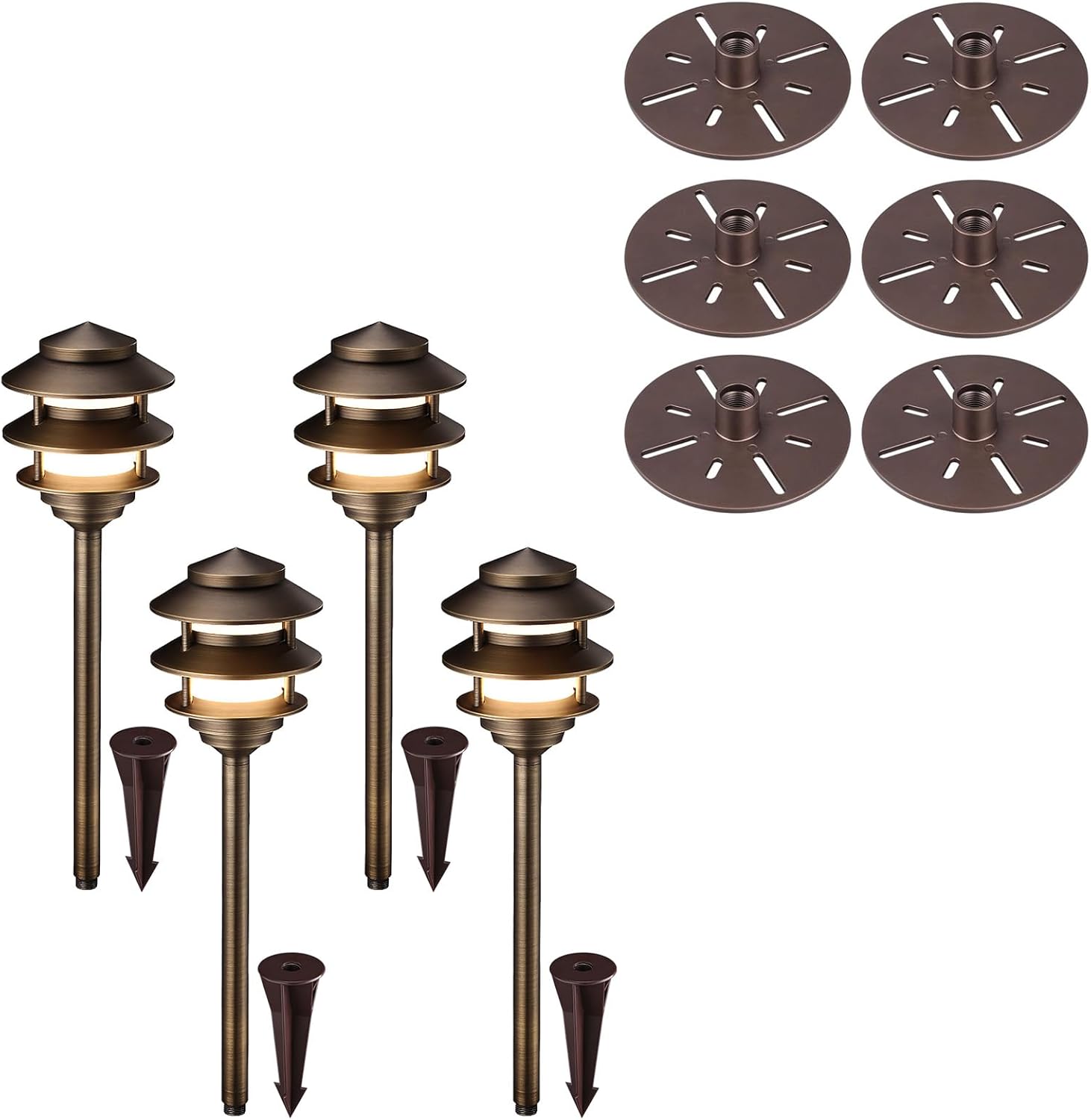 LEONLITE 3-Tier Cast Brass Pagoda Path Light Bundle Low Voltage Landscape Path Light Stability Plate, 4 Pack 12V Low Voltage Pathway Light & 6 Pack 1/2" NPT Thread, Aluminum, for Landscape Path Light