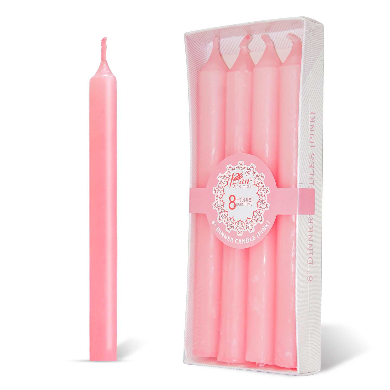 Pan Aromas (Pink) Dinner Candles for Romantic Dinner Table Setup| Up to 8 Hours Burn Time| 8 Inch Tall Unscented Candles for Romantic Dinner Decor (Pack of 4)-image-48
