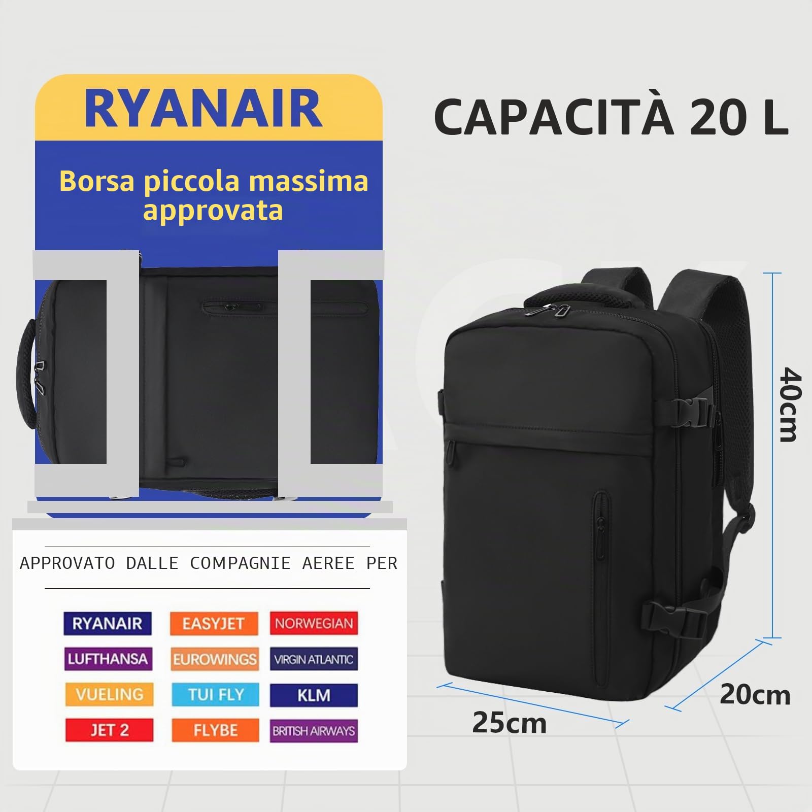 KIRFEIHT Bagaglio a Mano 40x20x25 per Ryanair Zaino da Viaggio Aereo Piccolo - Borsa da Viaggio per Cabina, Zaini Universali per Uomo e Donna per Scuola Trekking Lavoro - Nero
