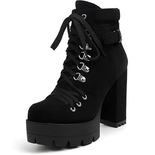 High Heels for Women Boots Round Toe Platform Booties Lace Up Suede Side Zipper Ankle Bootie - 8 - Black-suededb