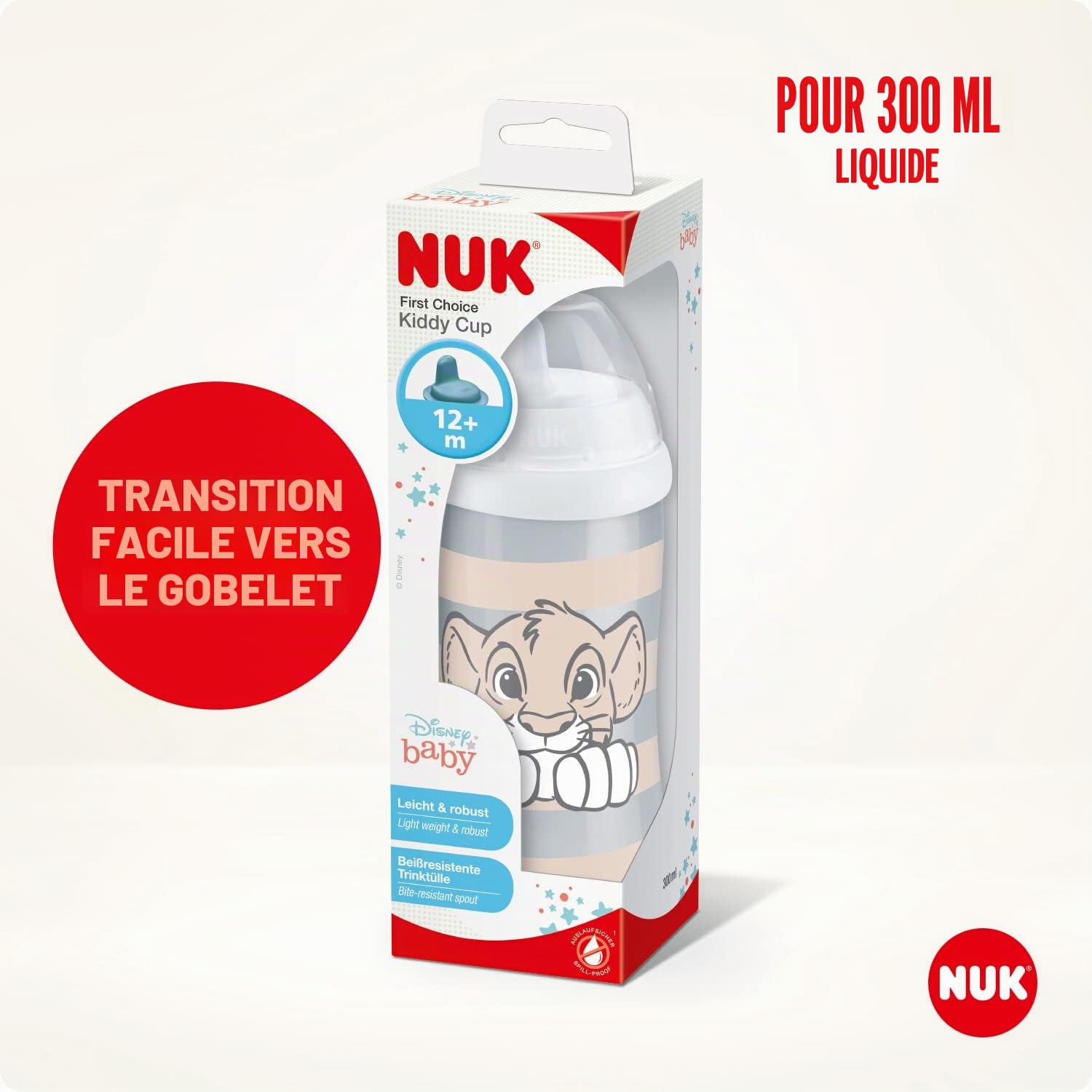 NUK Disney Roi Lion Kiddy Cup avec bec dur, 300 ml, anti-fuite, à partir de 12 mois, sans BPA, beige, 1 pièce