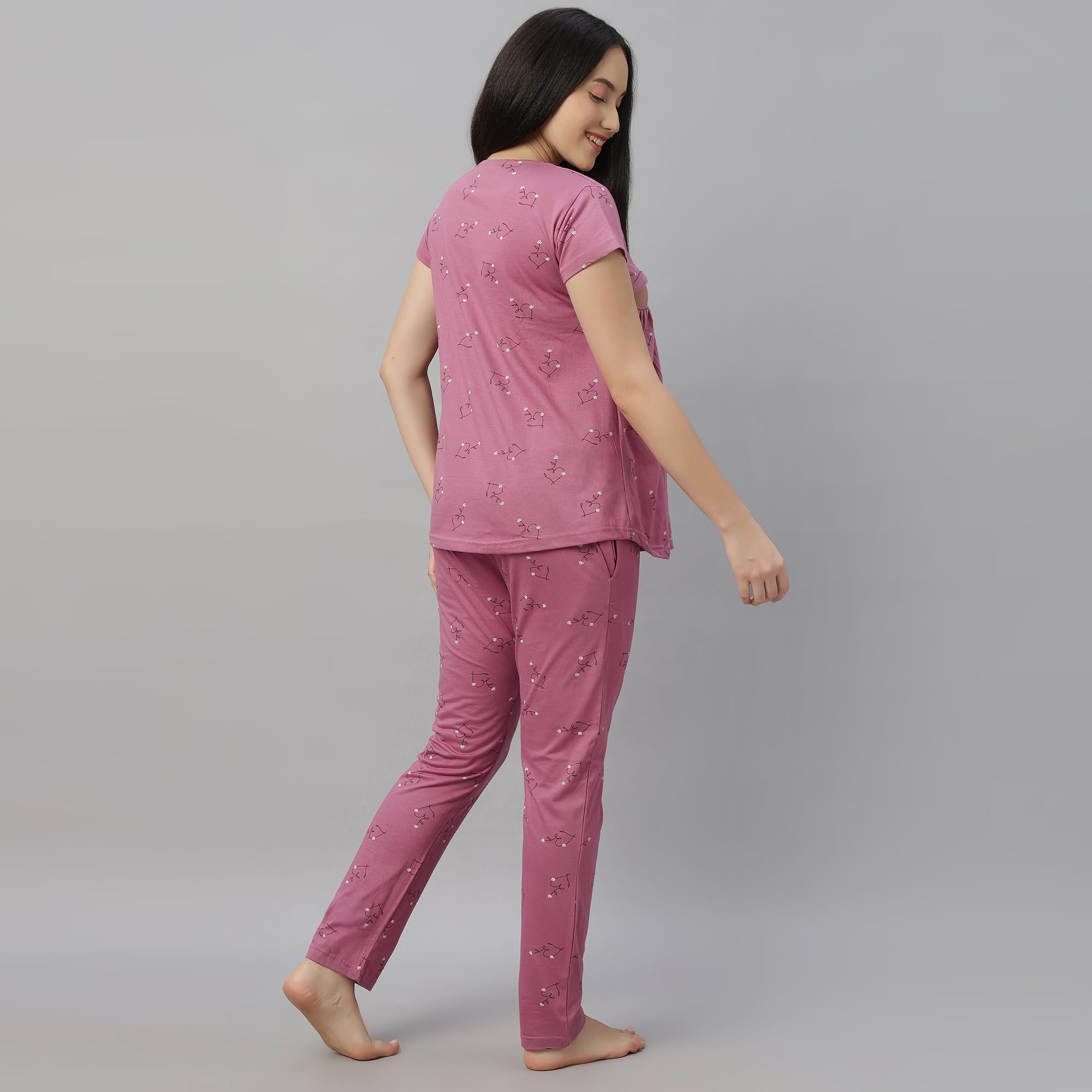 DZZO Women's Cotton Printed Maternity Night Suit | Comfortable Feeding Night Dress | Soft & Breathable Nursing Pajama Set | Color - Pink, Size - 2XL - Image 4 thumbnail