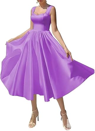 Womens Satin Tea Length Wedding Dresses for Bride Square Collar Midi A Line Formal Bridal Party Dress