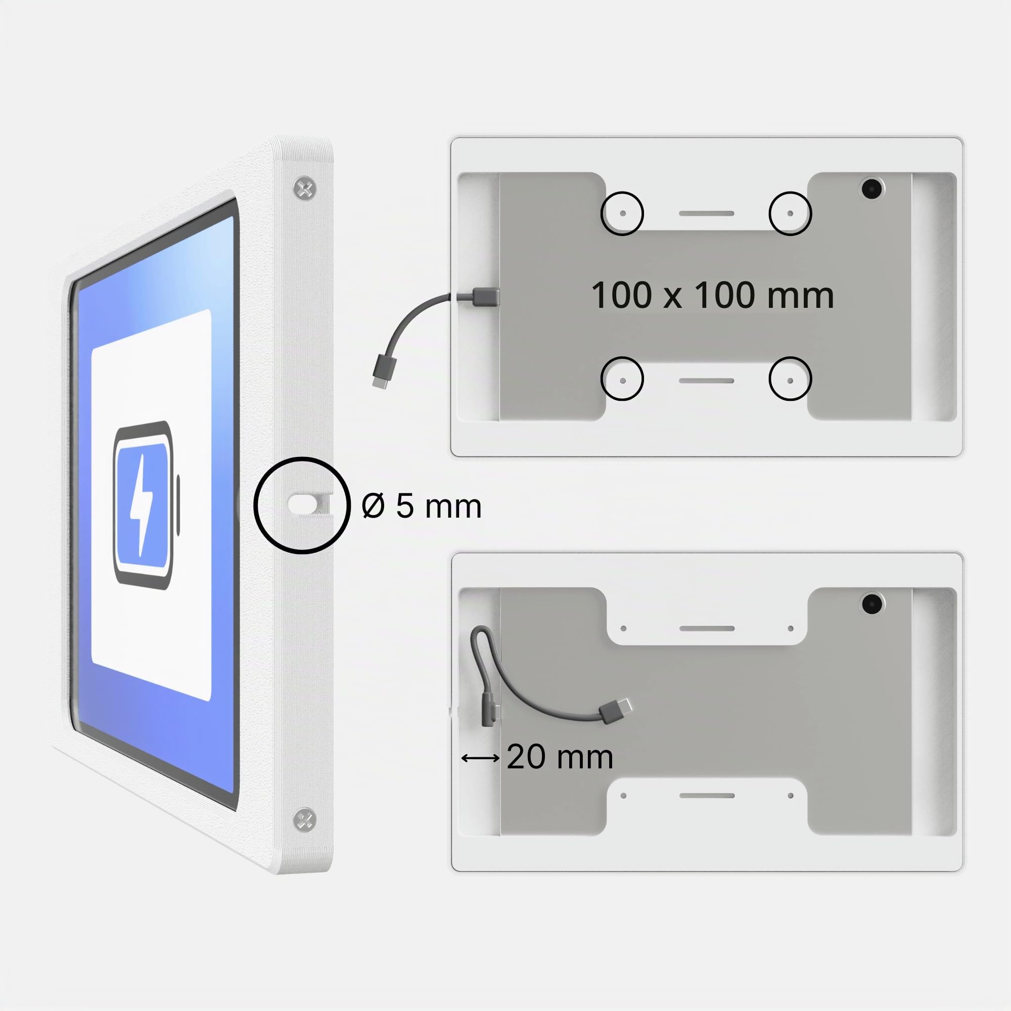 Support Mural Tablette pour Samsung Galaxy Tab A9 / A11 (8,7 Pouces) - Cadre Fin et sur Mesure pour Écran Domotique et Tableau de Bord - Montage Fixe avec Passe-Câble - Blanc