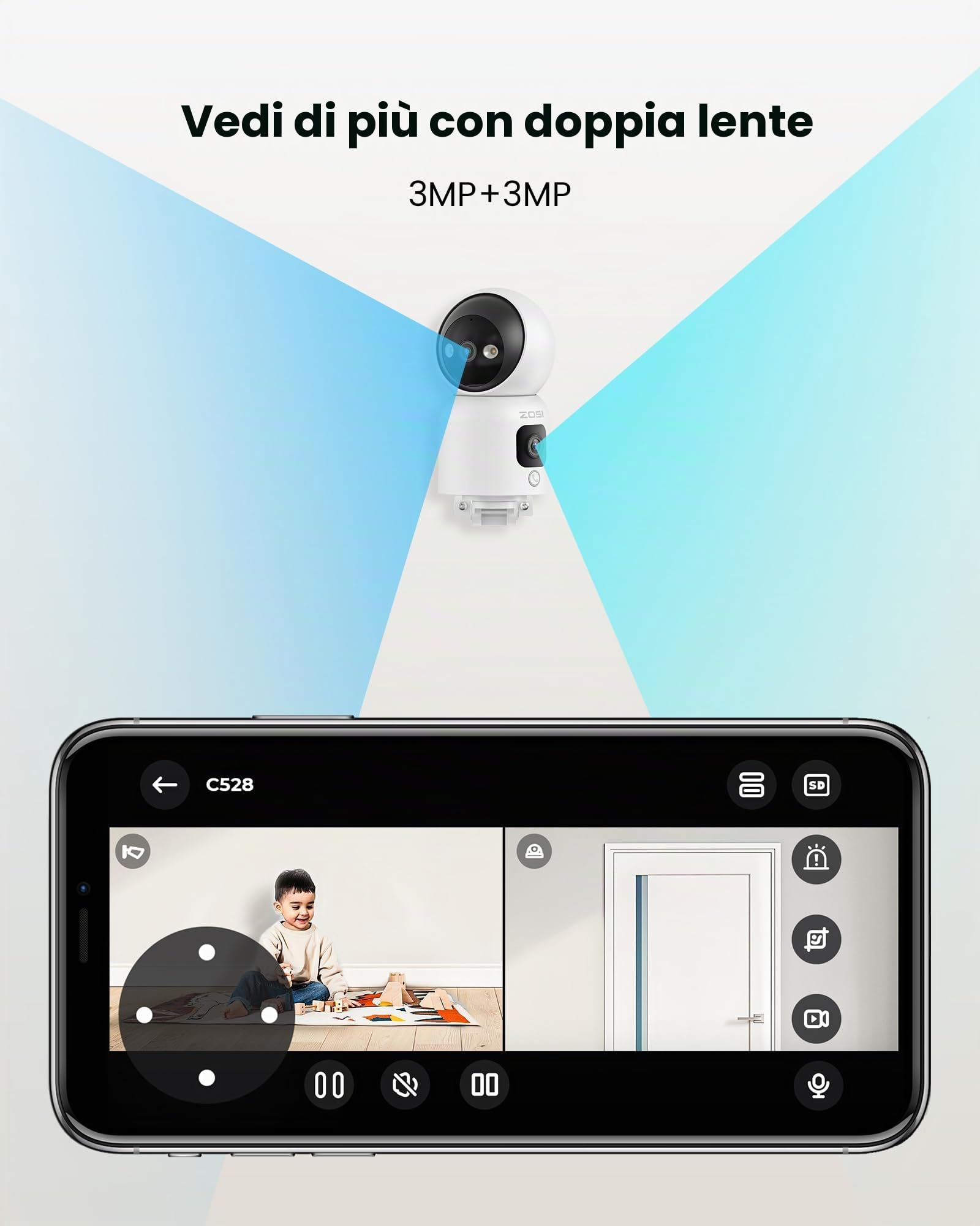ZOSI Telecamera WiFi Interno con Doppia Lente 3MP+3MP, PTZ 360°Tracciamento Automatico, Rilevamento Umano e Audio Bidirezionale, Visione Notturna a Colori, WiFi 2.4G/5G, Funziona con Alexa, C528