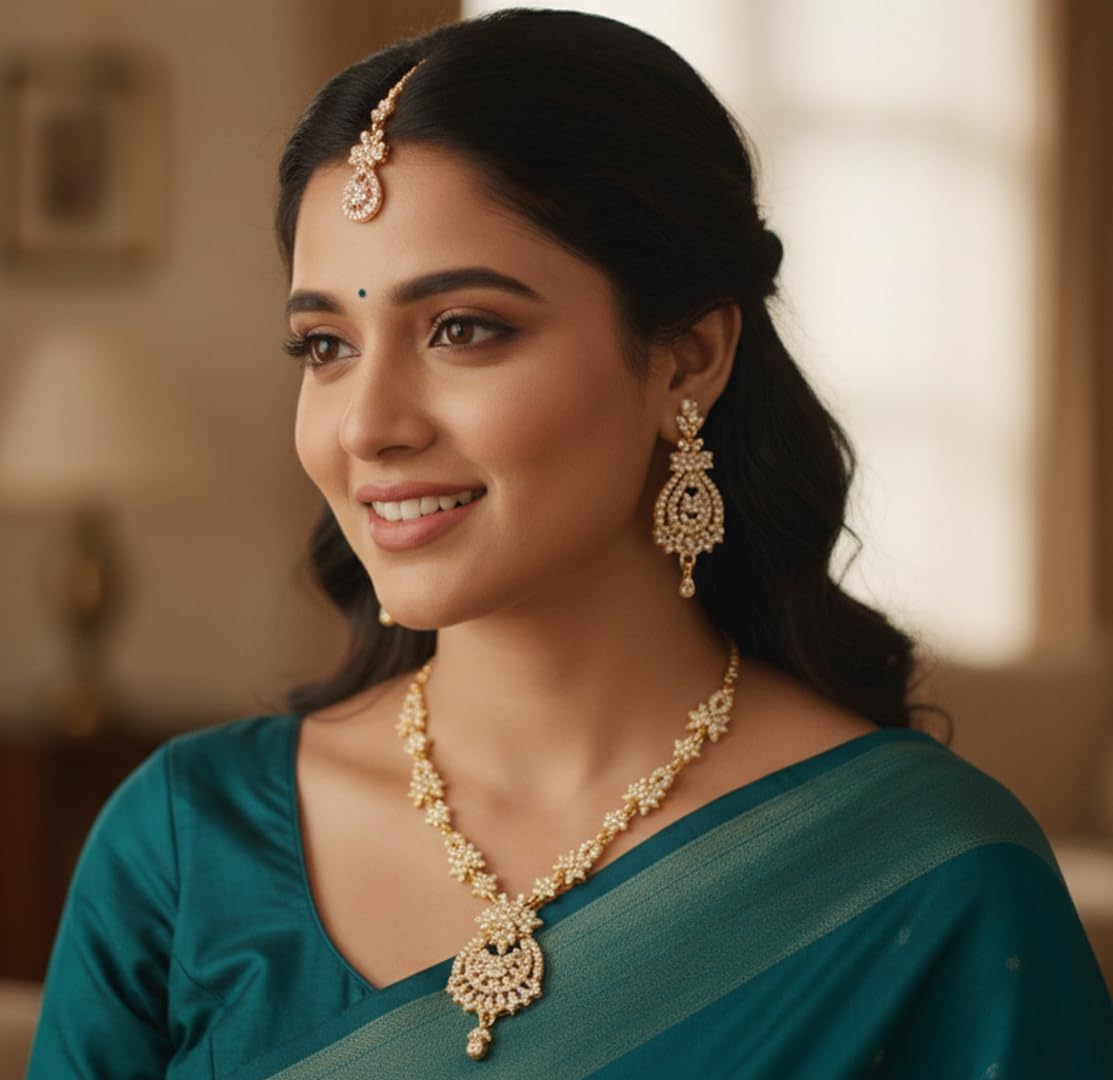 Touchstone Indian jewelry sets for women maang tikka wedding guest gold necklace bollywood jewellery set pageant elegant prom bride accessories western crystal chunky rhinestone necklaces