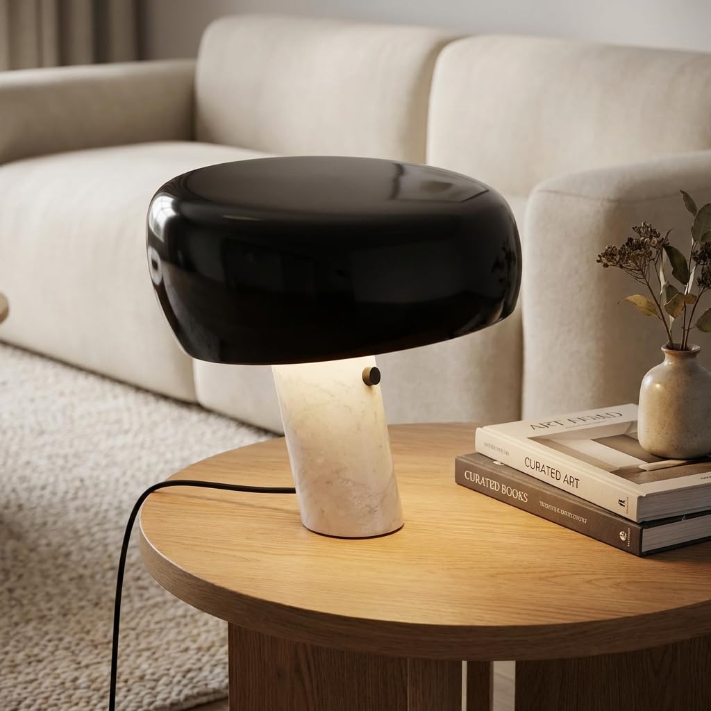 BARCELONA LED Lámpara de Mesa Moderna Negra con Base de Mármol Blanco, Diseño Clásico y Lujoso para Escritorio, Mesita de Noche o Sala, Estilo Retro y Elegante Pequeña Luz Directa E27, 28cm