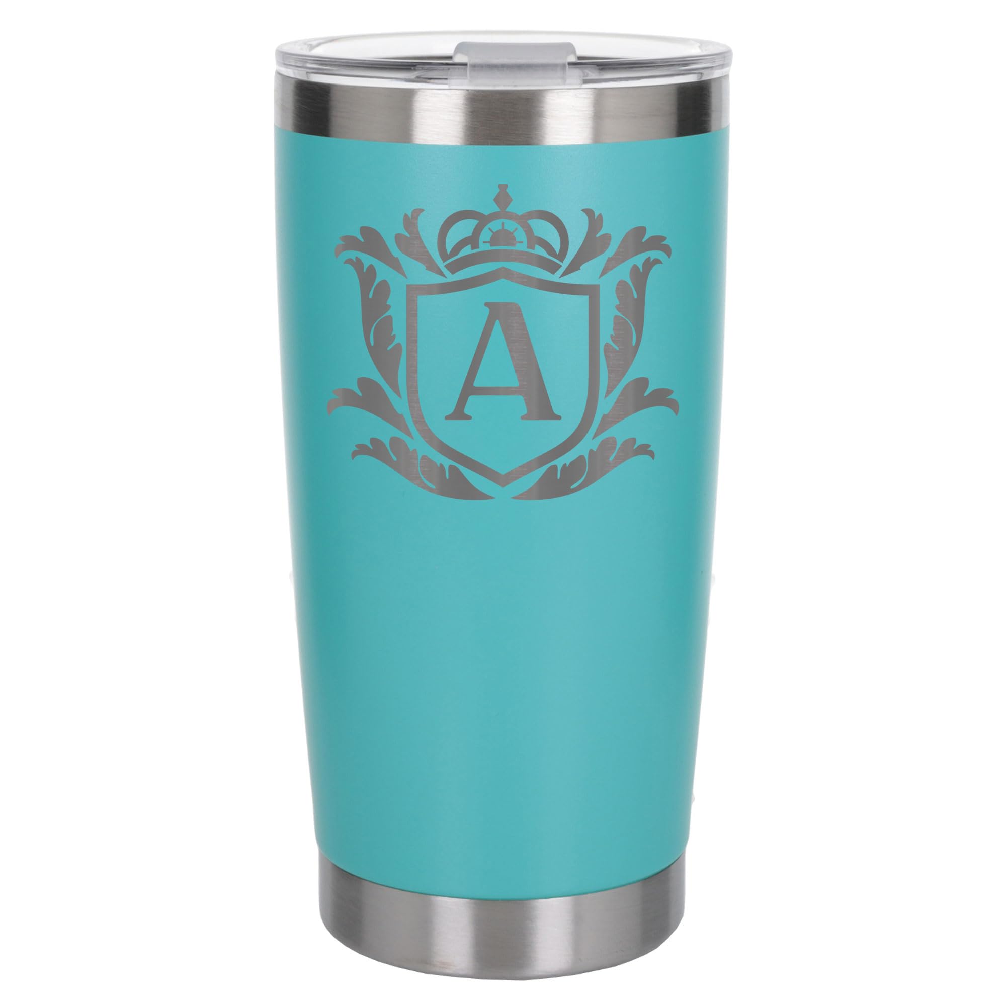 Customised Gifts 500ml Engraved Shield Initial Monogram Insulated Personalised Turquoise Travel Mug for Men and Women - Personalised Initial Coffee Travel Mug for Hot and Cold Beverages, Letter A
