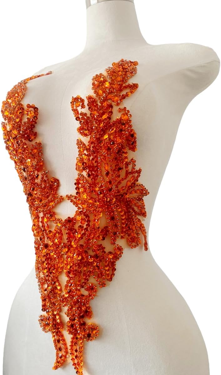 Handmade Rhinestones lace Applique sew on Beads Sequins Trim Patches Accessories for Girl Dress Clothing (Orange)