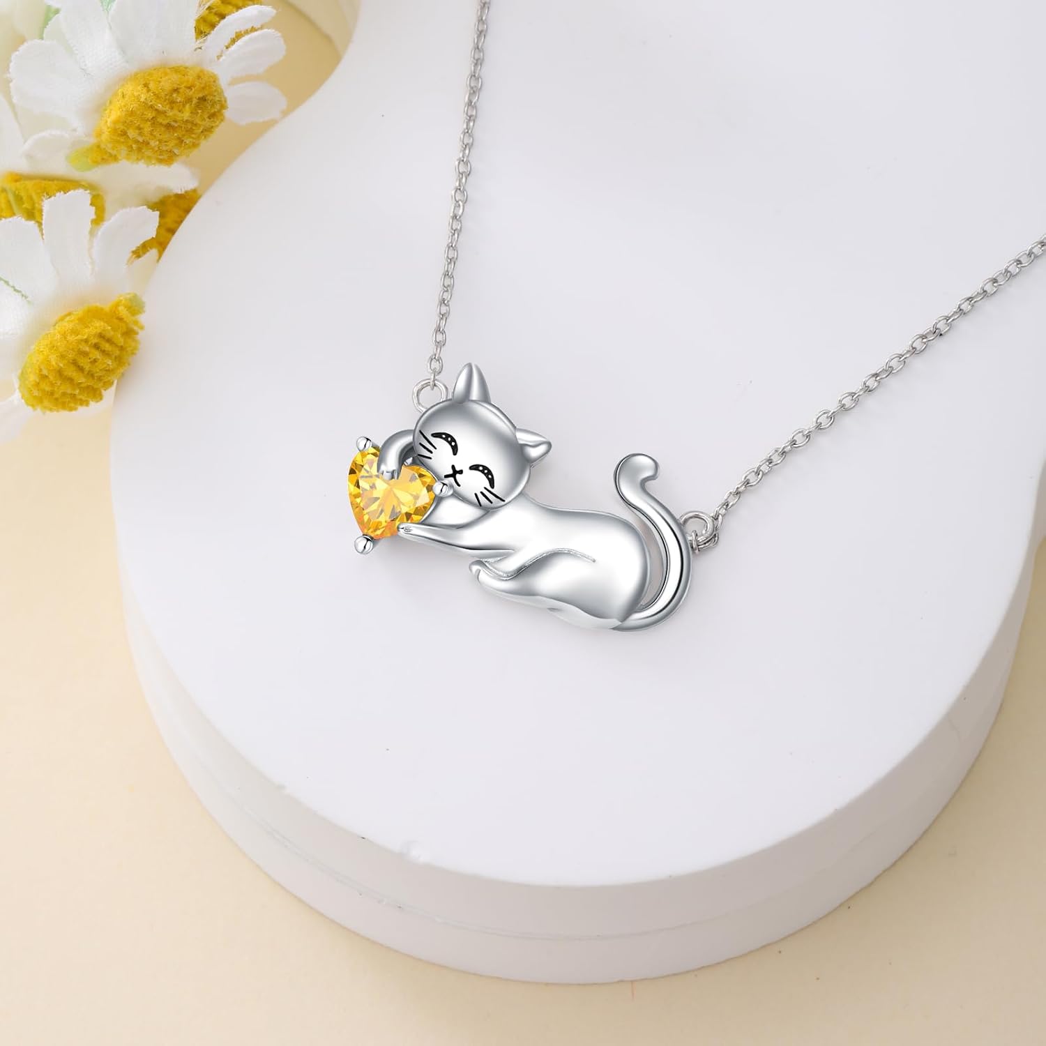 LONAGO Cat Necklace with Birthstone 925 Sterling Silver Cat Pendant Necklace Gift for Women
