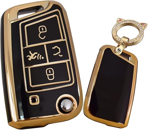 SANRILY Golden-Edge - Funda para llavero con 4 botones para VW Tiguan Golf Jetta Polo Atlas Skoda sin llave protección completa con llavero