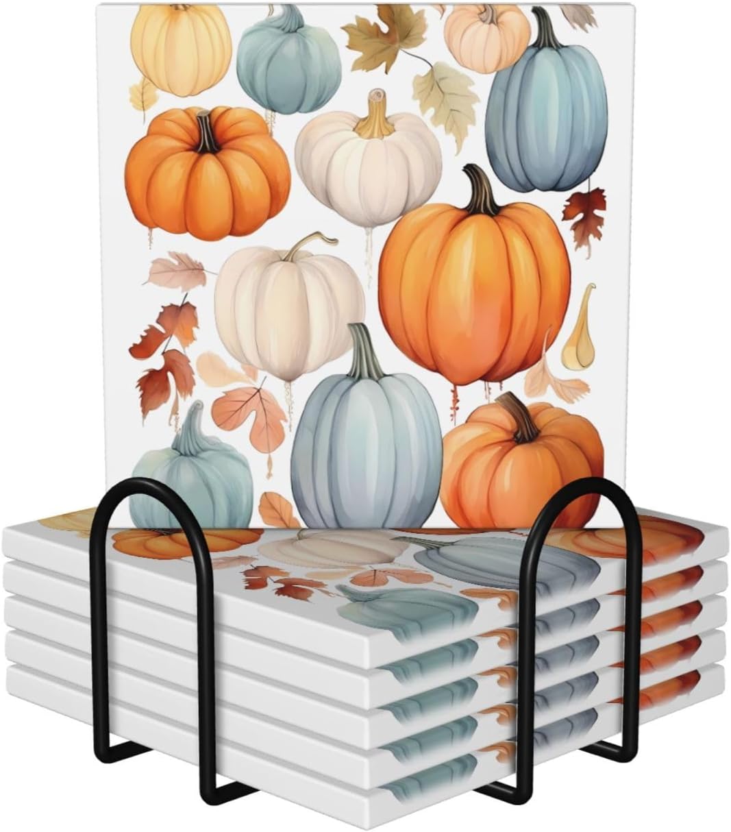 (Autumn Harvest Watercolor Pumpkin) Ceramic Coasters Set of 6 with Holder Non-Slip Square Coffee Coasters for for Cup Mug Drink Patio Coffee Table Decor, Christmas Coasters Home Bar Supplies