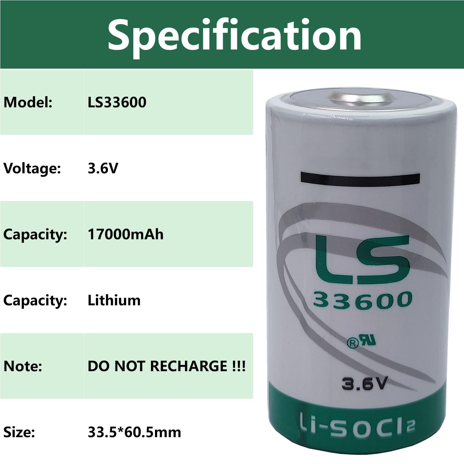 Giobbiy (5-Pcs LS33600 D Size 17000mAh 3.6V Lithium Battery for LS33600 Lithium Thionyl Chloride Battery (3.6 Volt, 17 Ah, Non-Rechargeable)