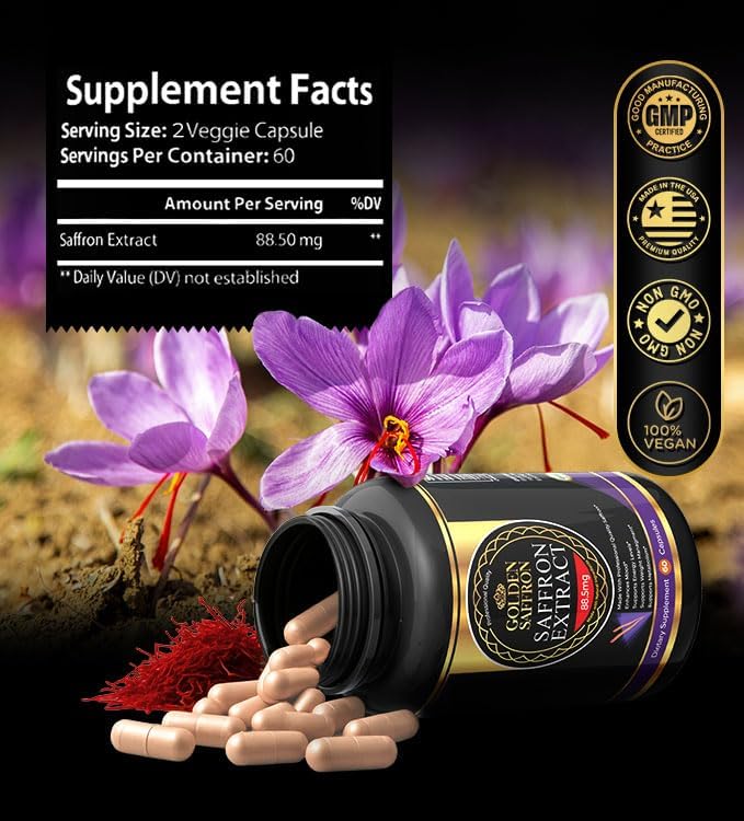 Golden Saffron Saffron Extract Capsules - Premium Saffron Supplements - 88.50 mg Pure Saffron Pills - Mood Support - Eye Support - Emotional Balance, Focus & Eye Health Made in The USA - 60 Capsules