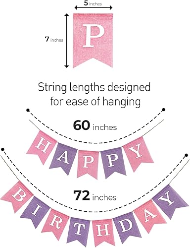 Miniatura 2 de Cartel de feliz cumpleaños de arpillera rosa y morado, sin bricolaje, preencordado y listo para colgar, pancarta de cumpleaños de arpillera de