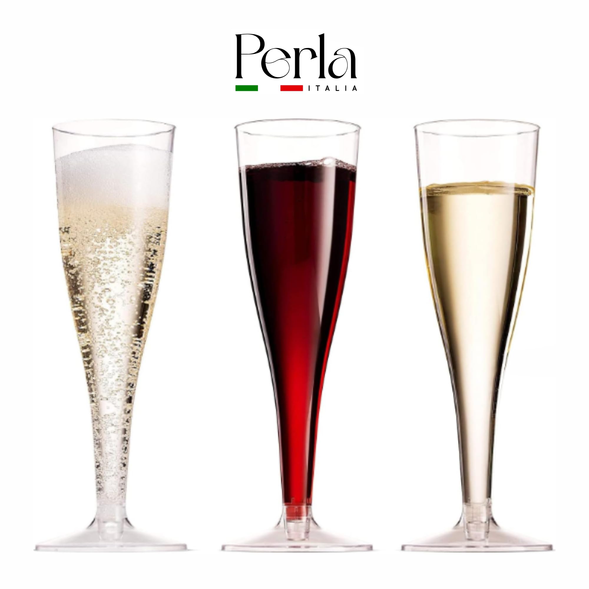 Perla, 48 Flute da Champagne Eleganti in Plastica, 120ml, Trasparenti, Resistenti e Riutilizzabili, Bicchieri da Brindisi per Feste, Compleanni, Matrimoni, Natale, Capodanno