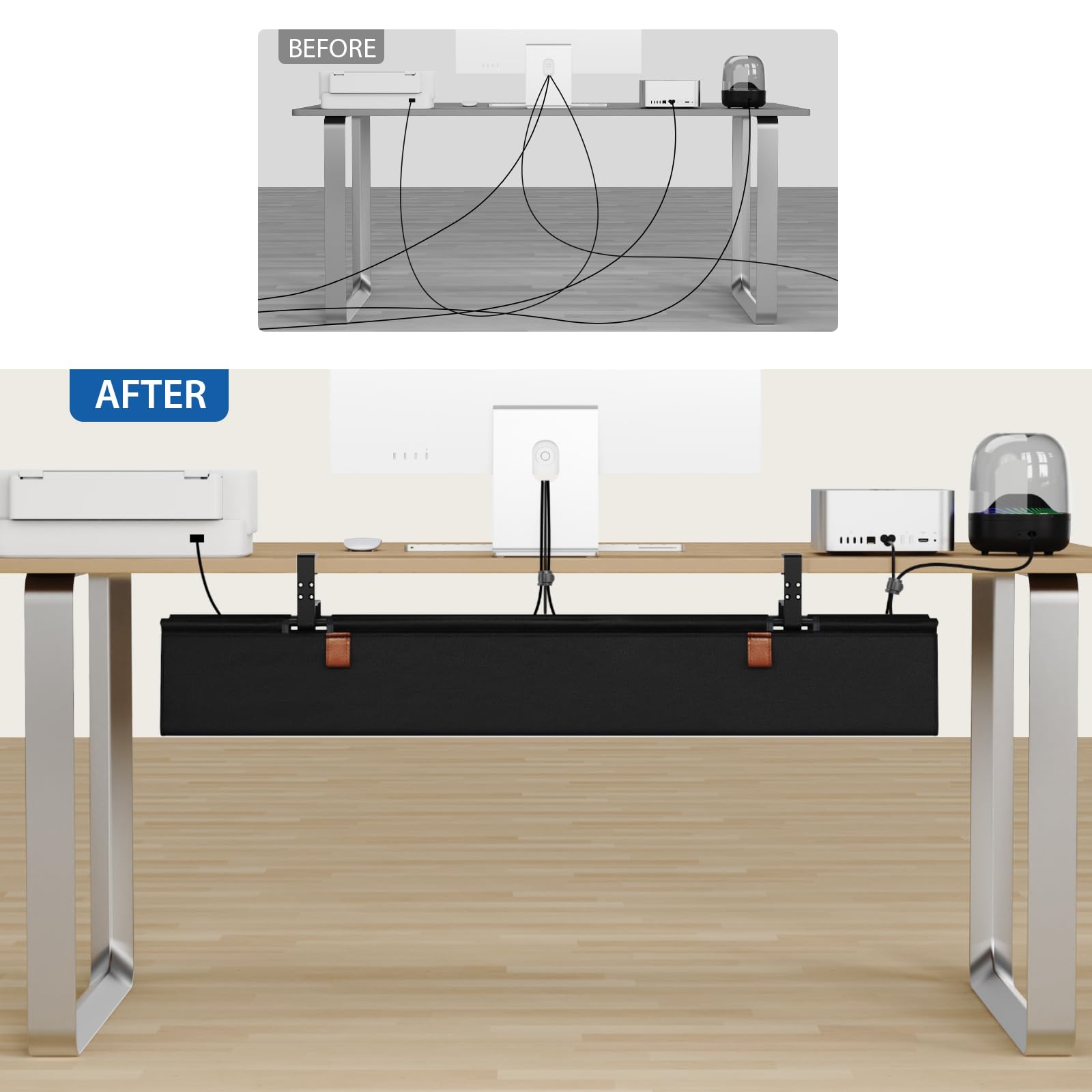 Zilink Kabelmanagement-Tablett ohne Bohren unter dem Schreibtisch, 101,6 cm, Kabel-Organizer für Tischklemme/Schraubbefestigung, Premium-Stoff-Kabelmanagement-Tablett für Zuhause, Büro