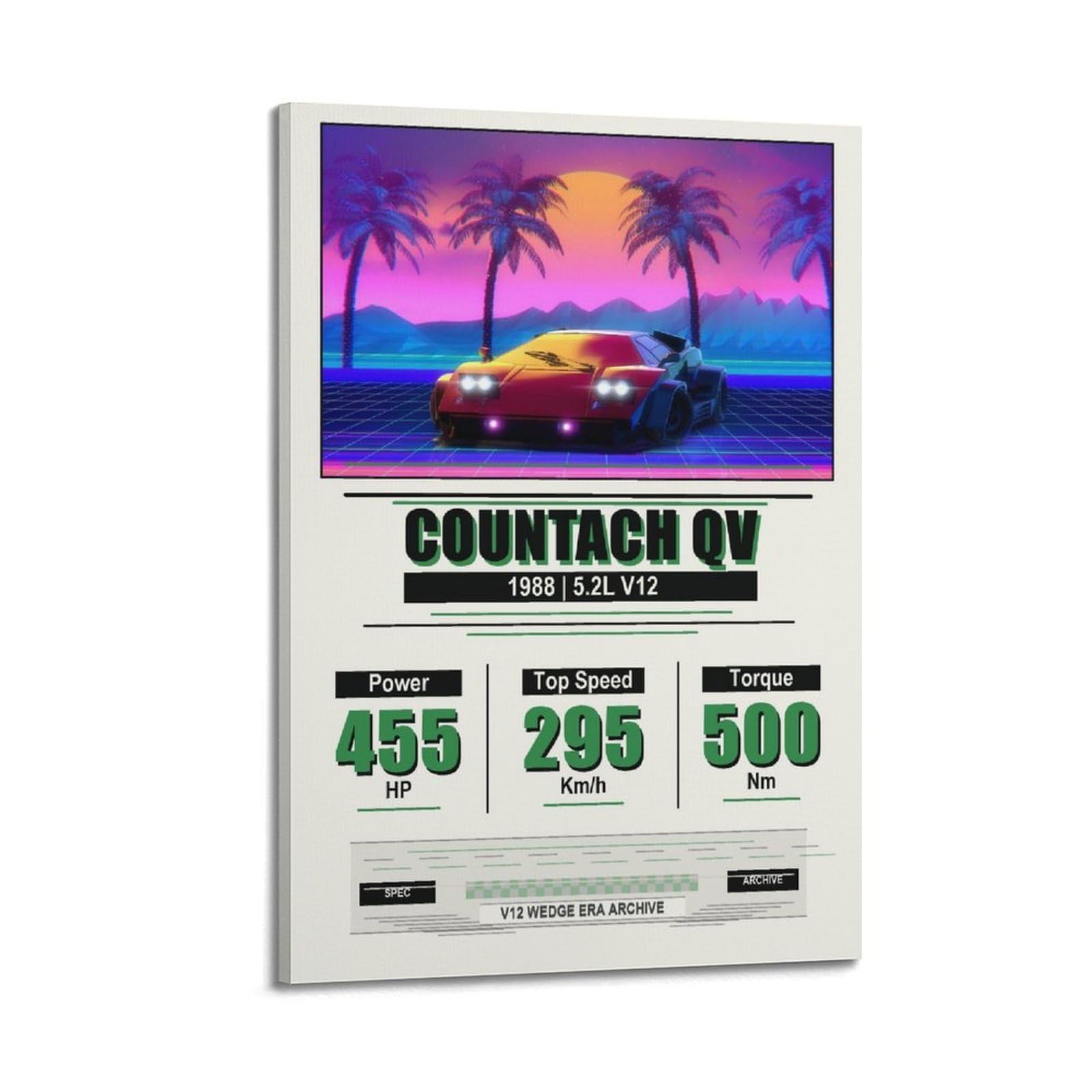 OKAHYS Retro Italian Supercar Poster Countach QV Neon Racing V12 Modern Decorative Canvas Prints - Ideal Wall Art for Family, Man Cave, Game Room, Boys & Girls Bedroom 20x30inch(50x75cm)