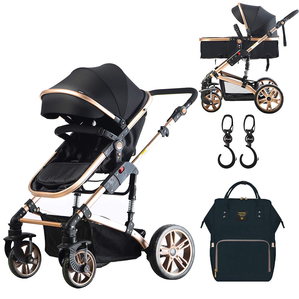 Teknum 3In1 Pram Stroller|Sleeping Bassinet|Extra Wide Seat|Wide Canopy|360° Rotating Wheels|Coffee Holder|Spill Proof Mat|Newborn Baby|Diaper Bag Black & Hooks |0-3 Years|Stroller Black