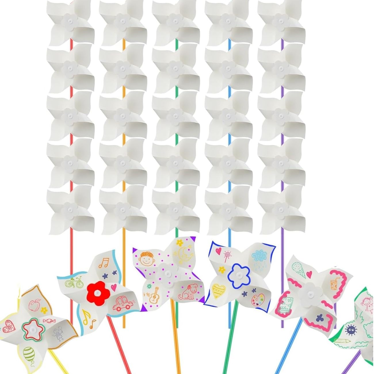 25 PCS Novelty DIY Pinwheels Craft for Kids Color Your Own White Pinwheels, Bulk Summer Spring Easter Craft Kit for Boys & Girls, Arts and Craft Party Activity, Easter Basket Stuffers6 Inches