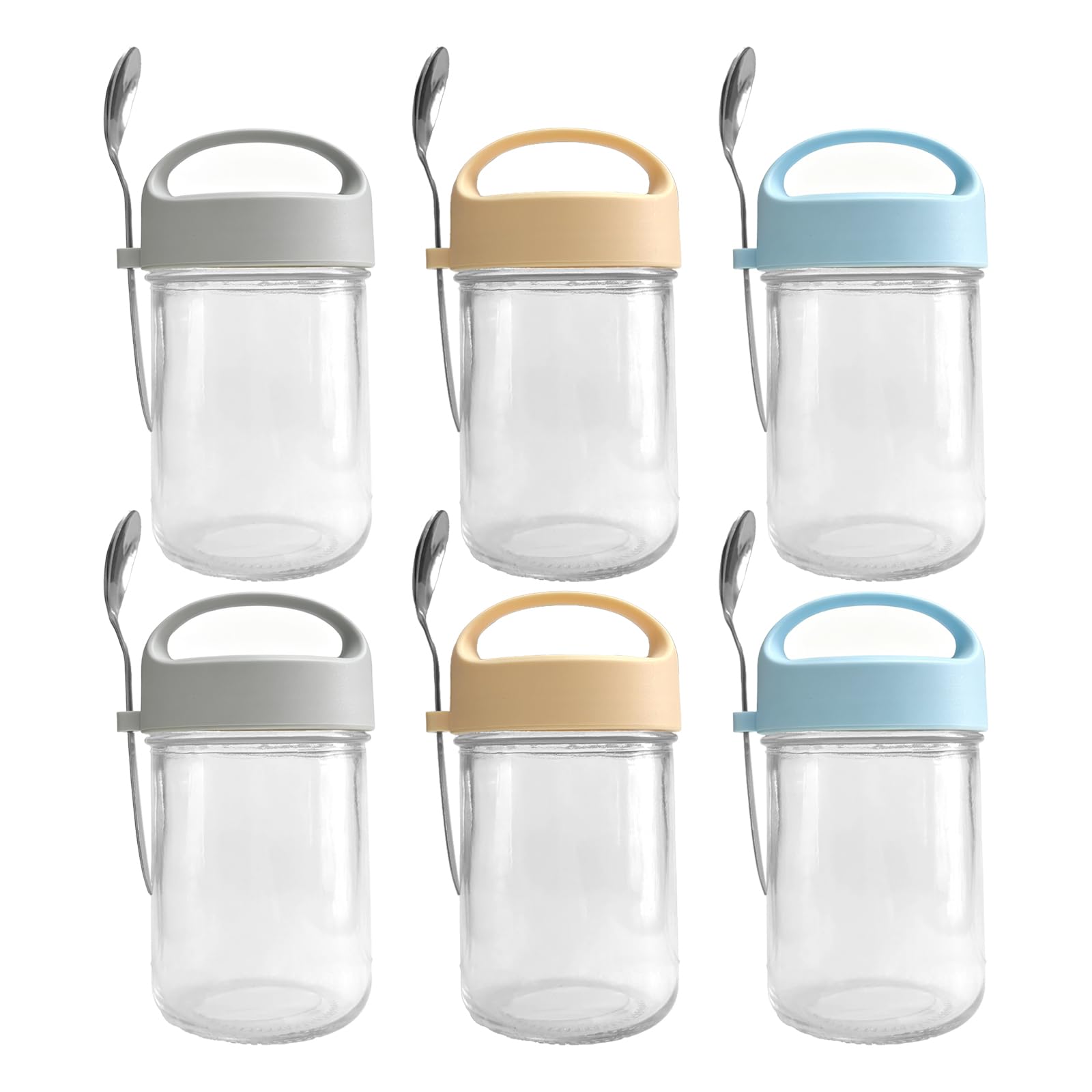 Hniuyun Transparent 6-Pack 14 Oz Glass Overnight Oats Containers With Lids & Spoons – Airtight Leakproof Mason Jars With Handle For Yogurt, Chia Pudding, Salad & Meal Prep