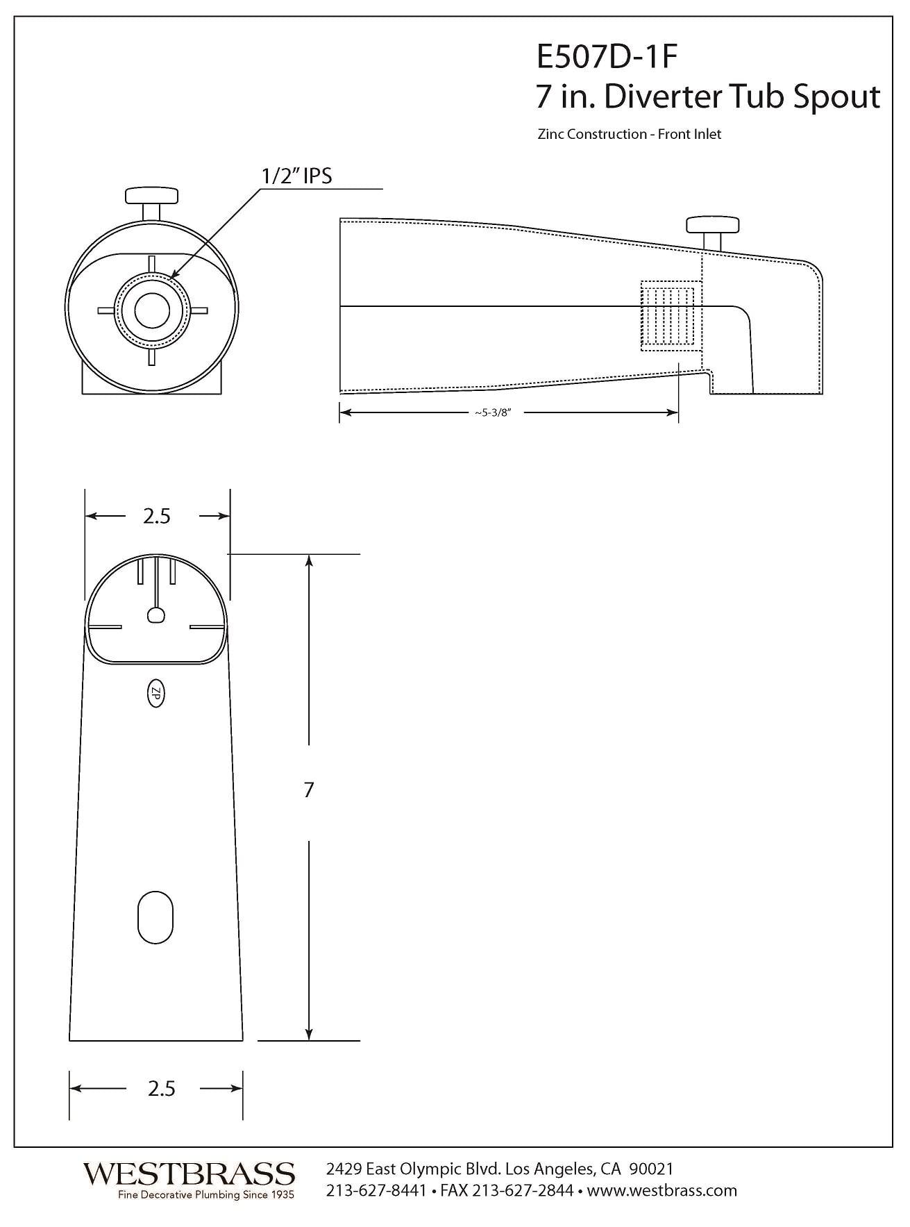 Westbrass e507d-1 F 7 Inch desviador caño bañera