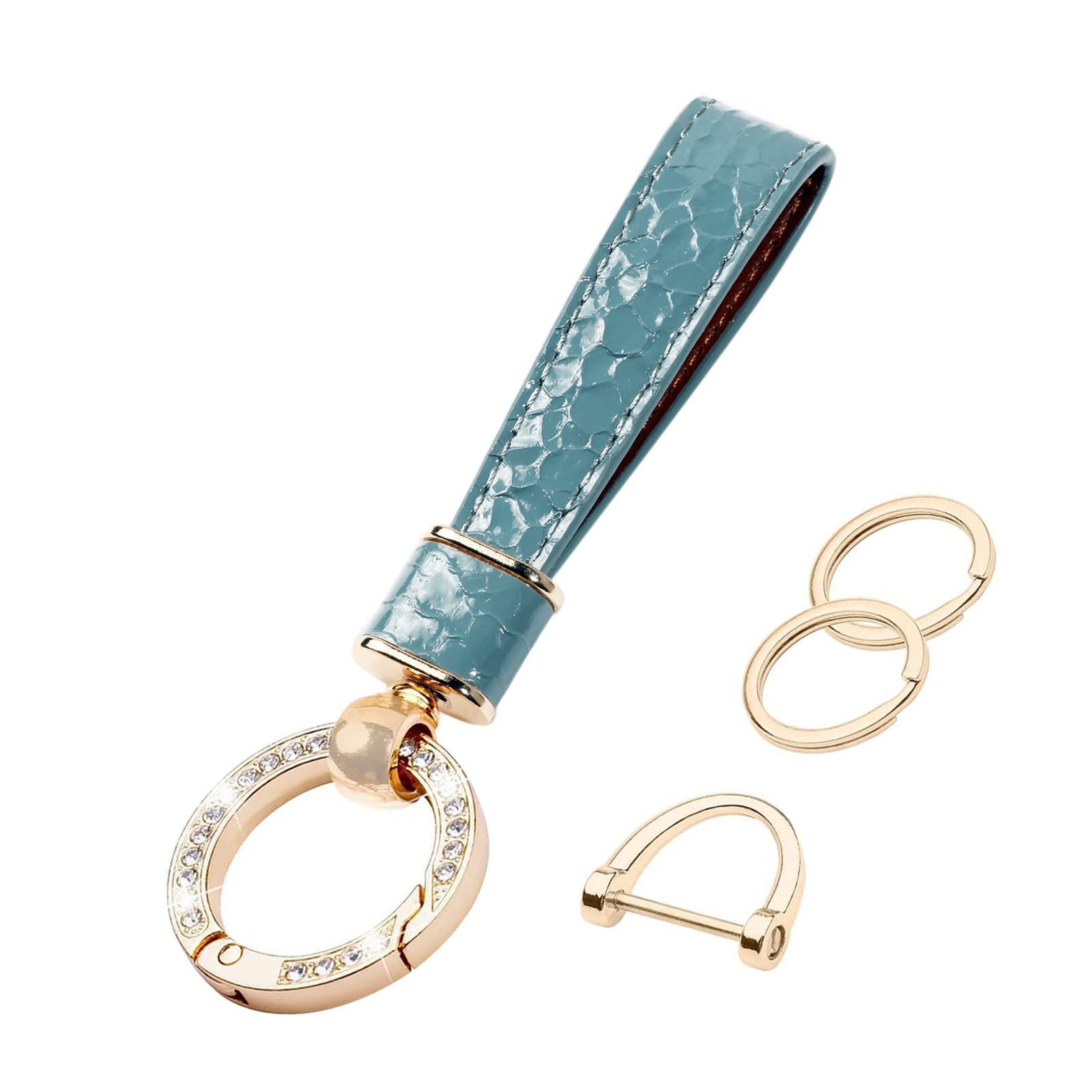 Universal Leather Car Keychain,Diamond Key Fob Holder with 3 Keyrings,Anti-lost D-ring and Bling Metal Clip Keychain (Blue)