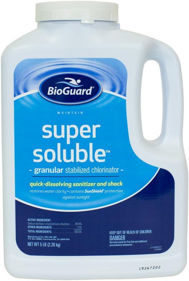 BioGuard Super Soluble Chlorine, 5 lb, Pack of 2, Granular Stabilized Chlorinator, Quick-Dissolving, Restores Water Clarity & Contains Sunshield Protection