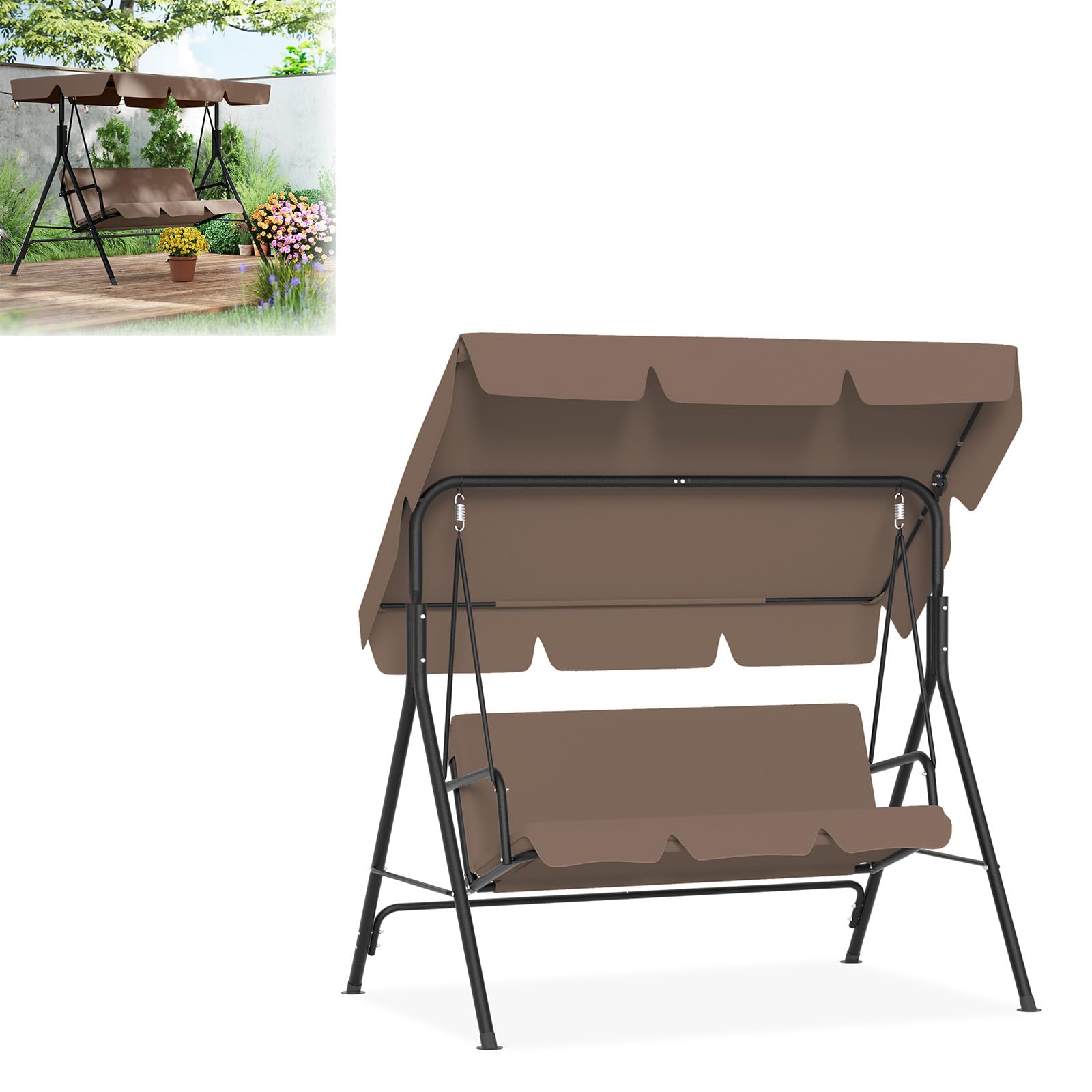 LILIIN Hollywoodschaukel Gartenschaukel 3 Sitzer mit Sonnendach, bis 200kg Belastbar, Wetterfeste Schaukelbank mit Komfortkissen & Anti-Rutsch-Füßen, Braun/193x110x152cm