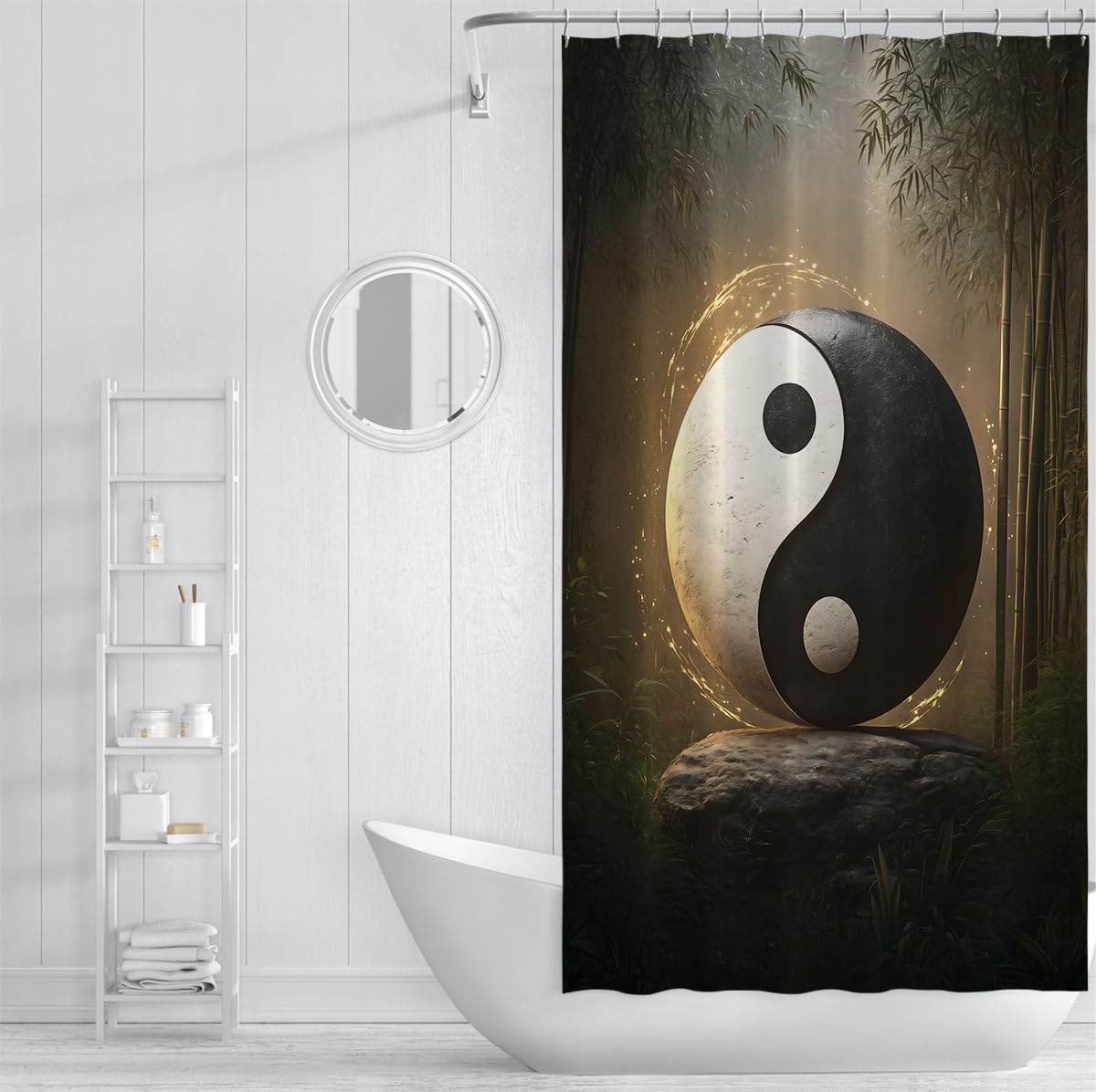 Yin Yang Duschvorhang Orientalische Philosophie Feng Shui Badevorhang mit Haken Bambuswald und Steinbadezimmer Kunstdekor Waschbar, schnell trocknend 180 x 200 cm