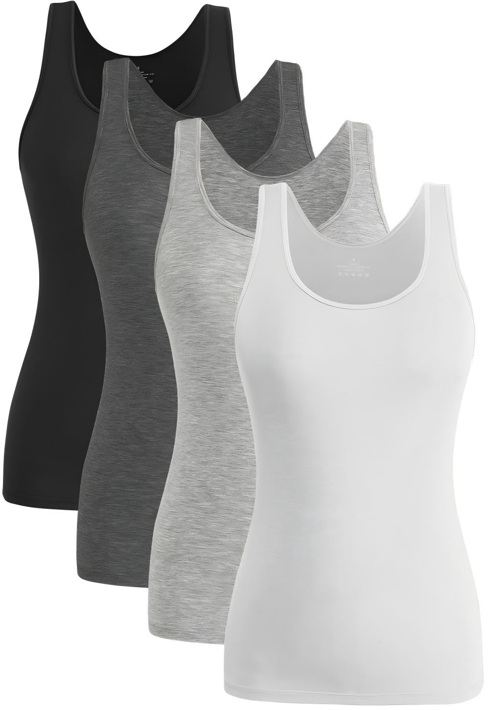 Knuffnee Damen Stretch Unterhemd Basic Tank Tops Workout Unterhemden Tops 4er Pack Schwarz/Dunkelgrau/Grau/Weiß XXL