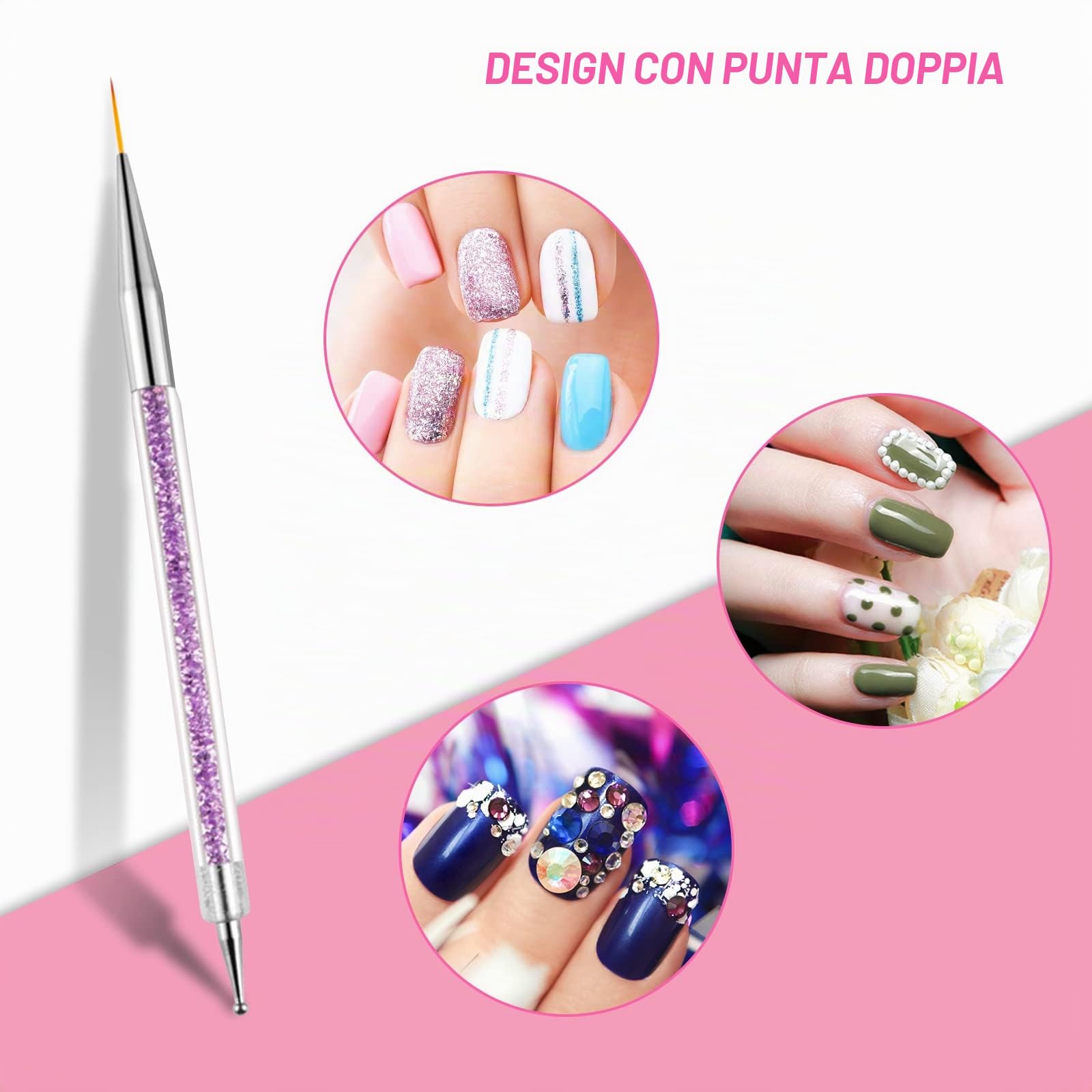 Sularpek 5 Pezzi Pennelli per Unghie, Pennelli Unghie Doppia Testa, Brush per Nail Art Penne dotter, Liner Pittura Pennello Set per DIY Disegno Decorazioni