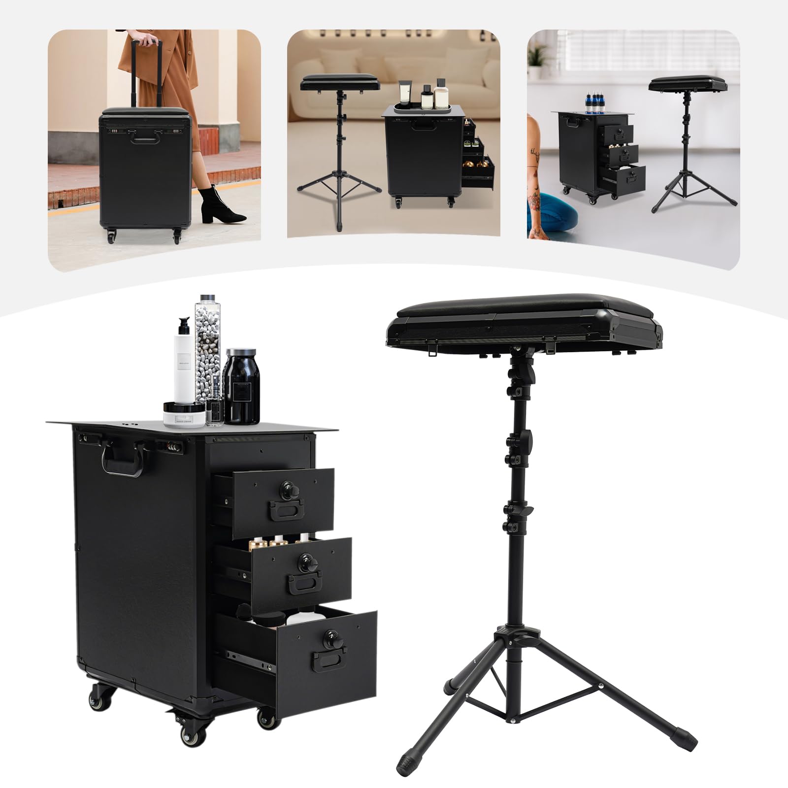Valise de Maquillage Professionnel Trolley Esthétique Hauteur Réglable du Tirant Avec 3 Tiroirs et Trépied Amovible,Valise Coiffure Rolling Maquillage Valise,Pour Maquilleurs, Manucures,42*28*53cm