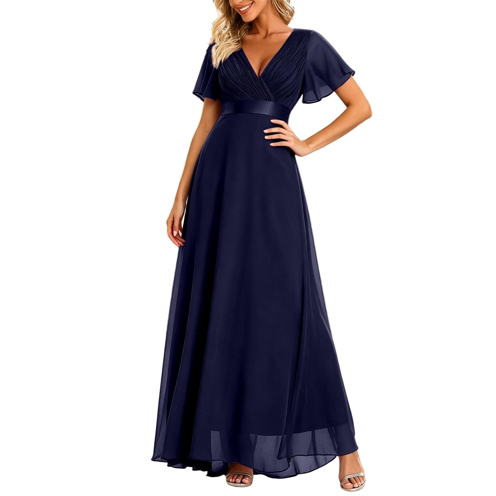 Damen Abendkleider Gürtel V-Ausschnitt A-Linie Chiffon, hoher Taille und abnehmbarem Gürtel, Brautjungfernkleid und Ballkleid für Hochzeitsveranstaltungen