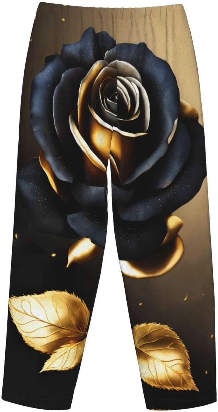 Black And Gold Flowers Print Cozy Flannel Pajama Pants For Women,Warm Christmas Pj Pants,Cute Fleece Pajamas