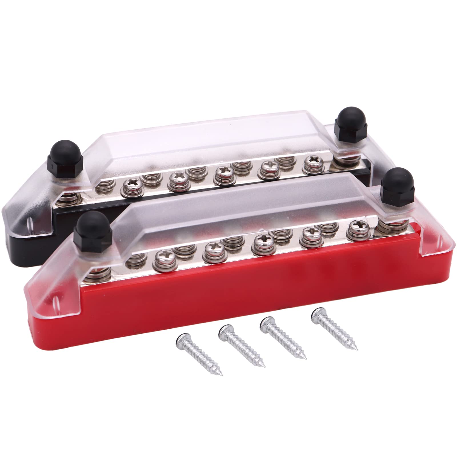 ZOOKOTO 150 Amp Rating Bus Bar Power Distribution Block, 2X M6(1/4”) Studs 10x M4(#8) Screw Terminal Block with Cover for Car Boat Marine Caravan RV (Black + Red)