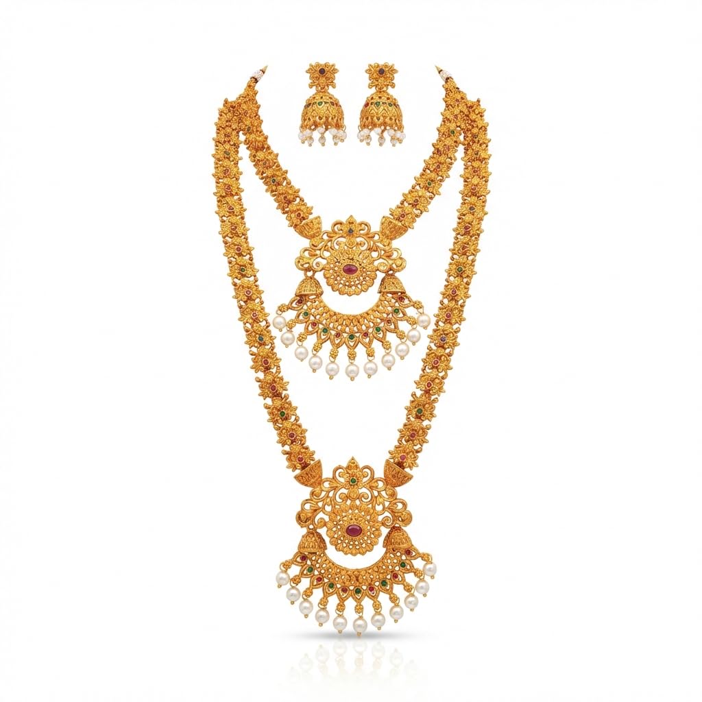 Traditional Gold-Toned Bridal Jewellery Set with Long Haram, Choker Necklace and Jhumka Earrings-picture-20