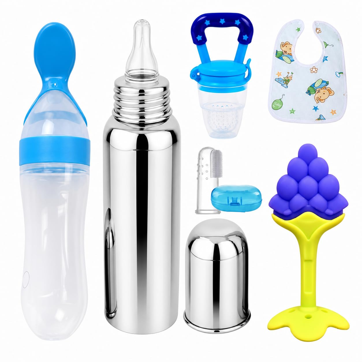 6Pcs Baby Feeding Combo Set for Newborns & Infants | Spoon Feeder, Steel Feeding Bottle, Fruit Feeder, Bib, Finger Toothbrush & Grape Teether-image-35